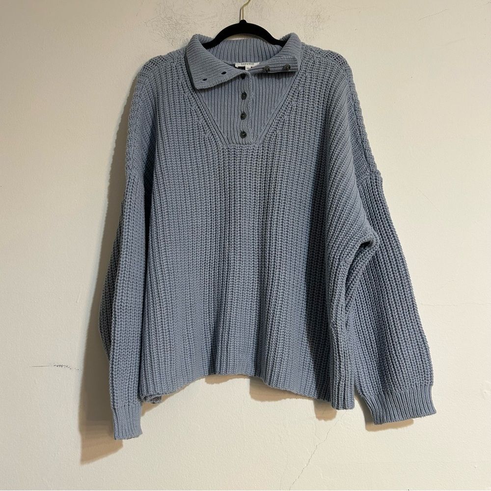 Talbots Haven Well Within Knit Button Up Mock Neck Sweater Blue XXL Fisherman